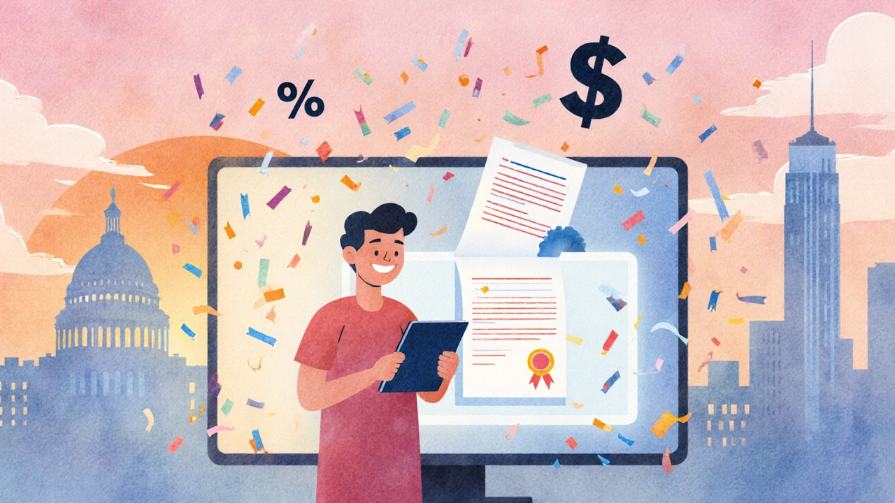 A celebratory watercolor scene of a learner receiving a digital certificate with confetti and floating savings symbols.