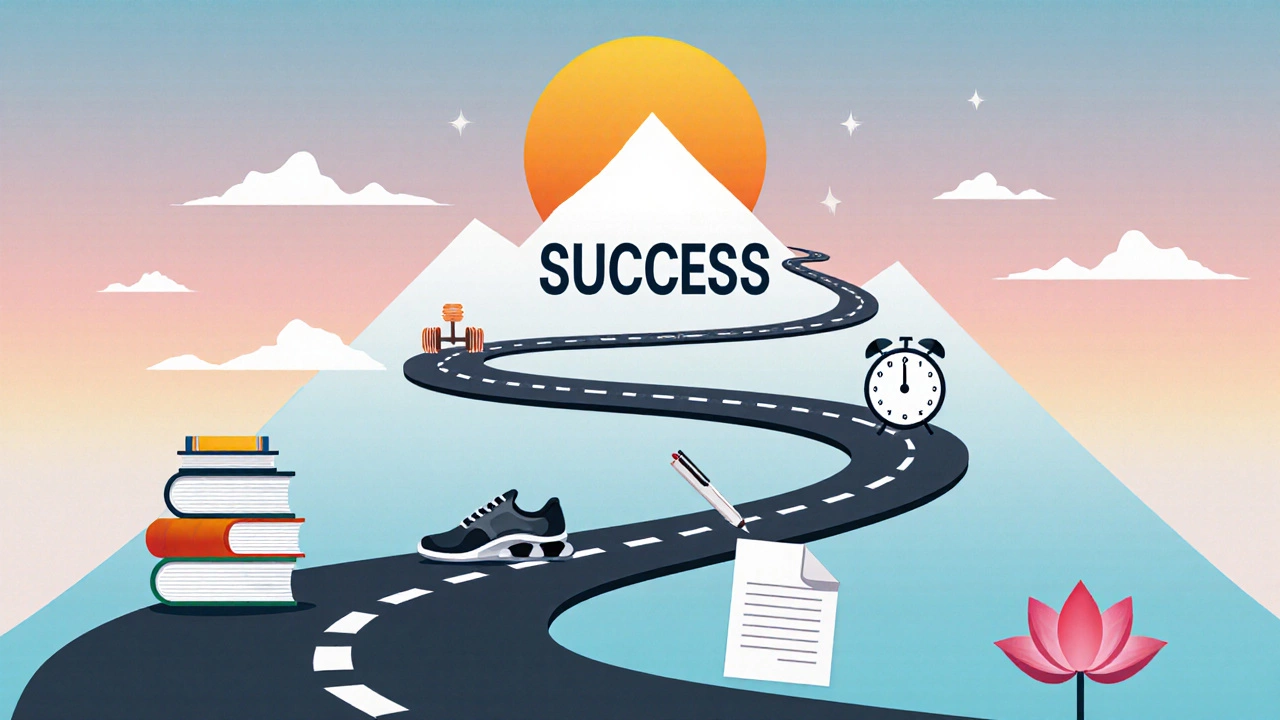 A winding road with milestone icons illustrates a study and fitness roadmap toward success.