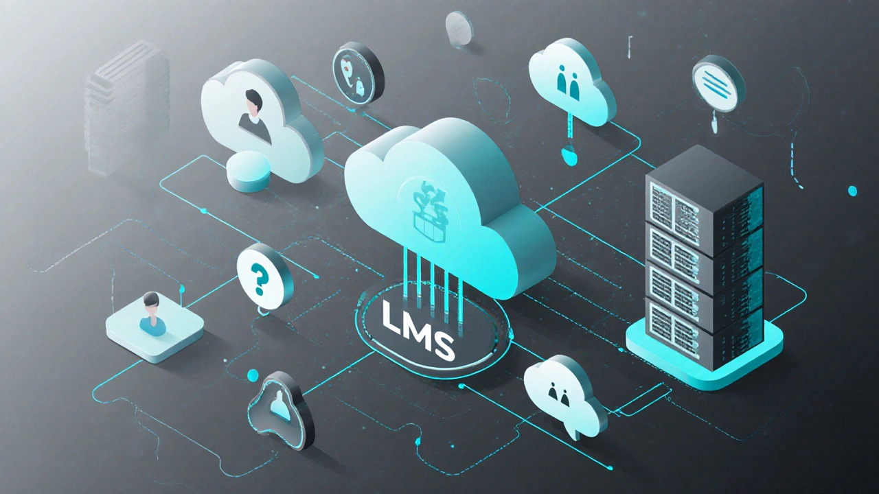 Abstract tech illustration showing data flowing between cloud servers and a central learning management system.