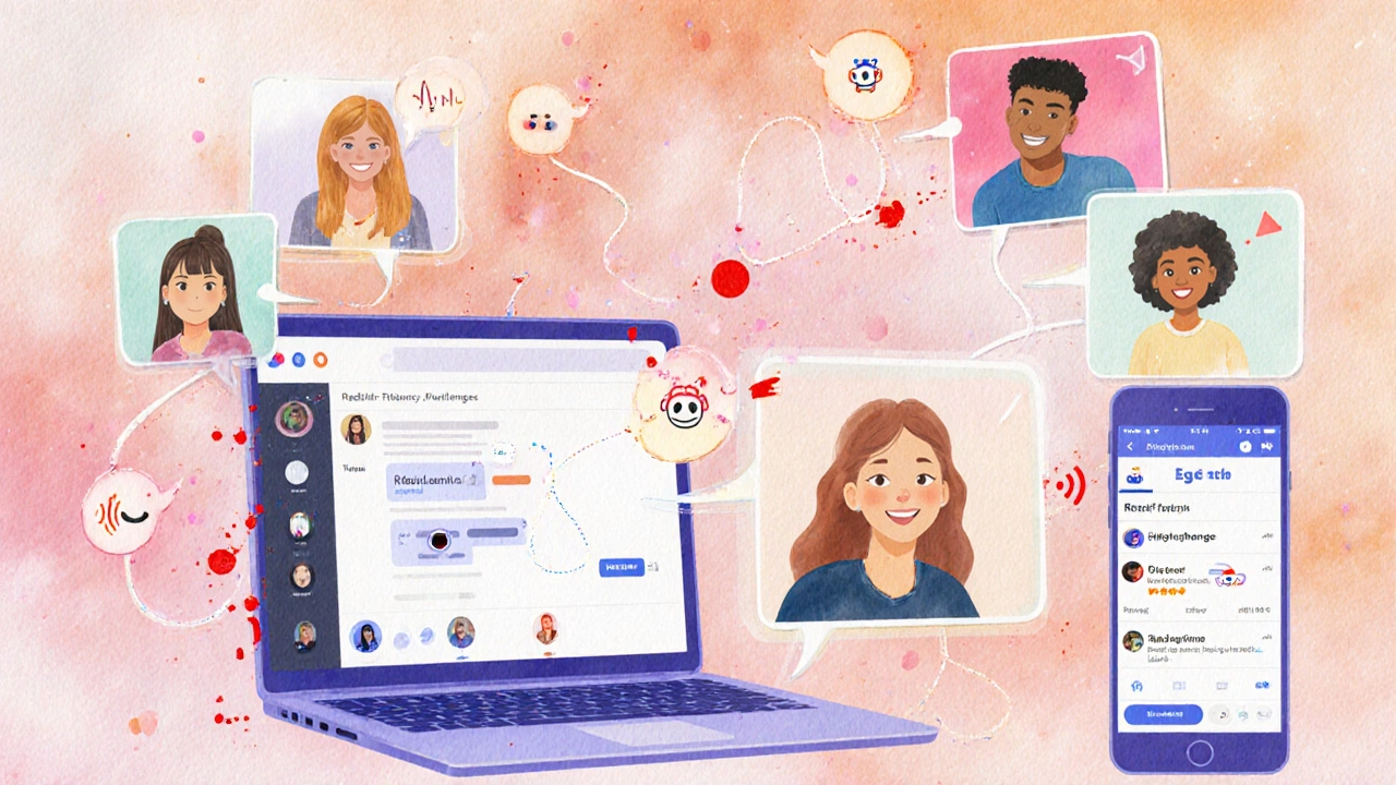 Animated collage of video calls, Discord and Reddit screens showing global English language exchange.