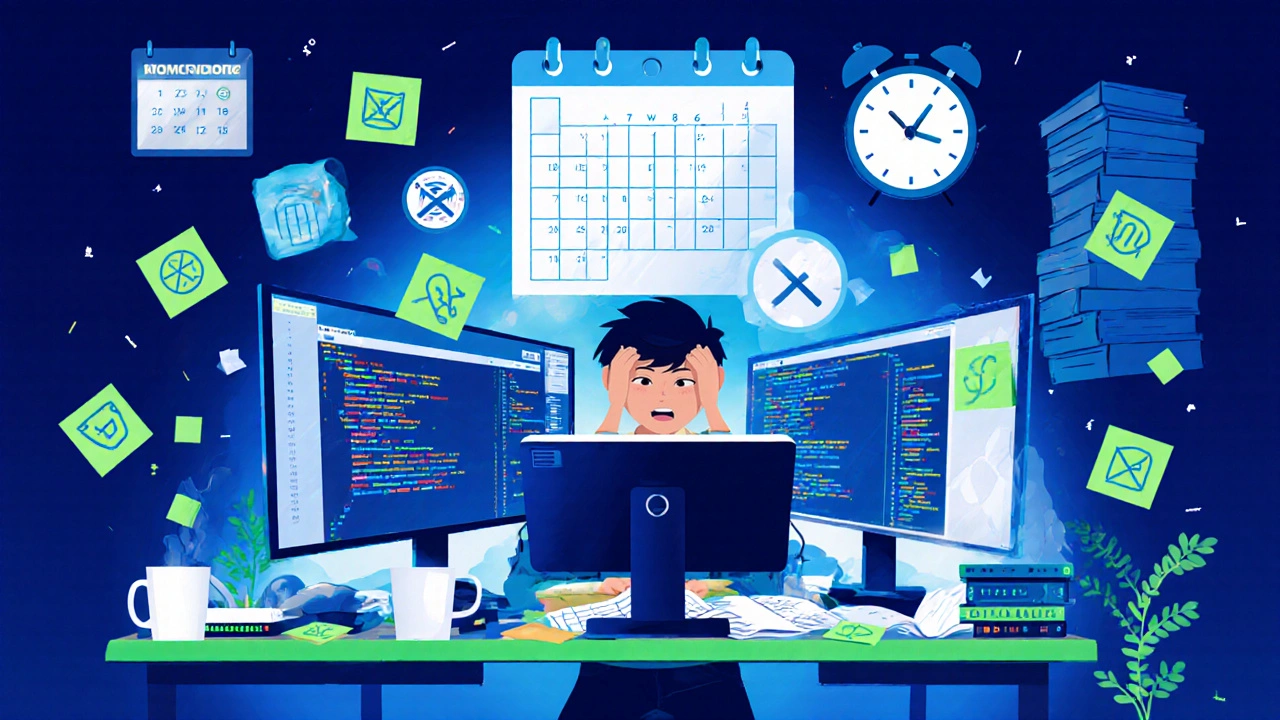 Busy workspace with clocks, coffee cups, sticky notes, and a focused learner during a 7‑day sprint.
