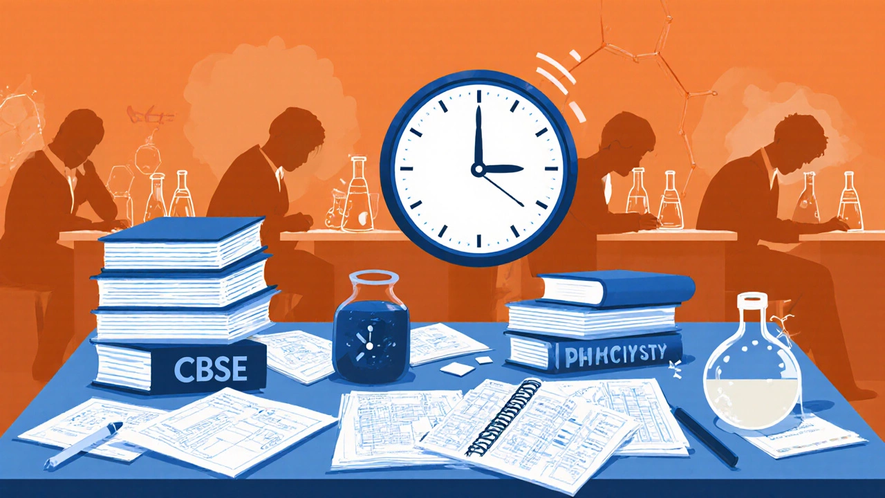 Cluttered desk with textbooks, past papers, lab notebook, and a clock showing time pressure.