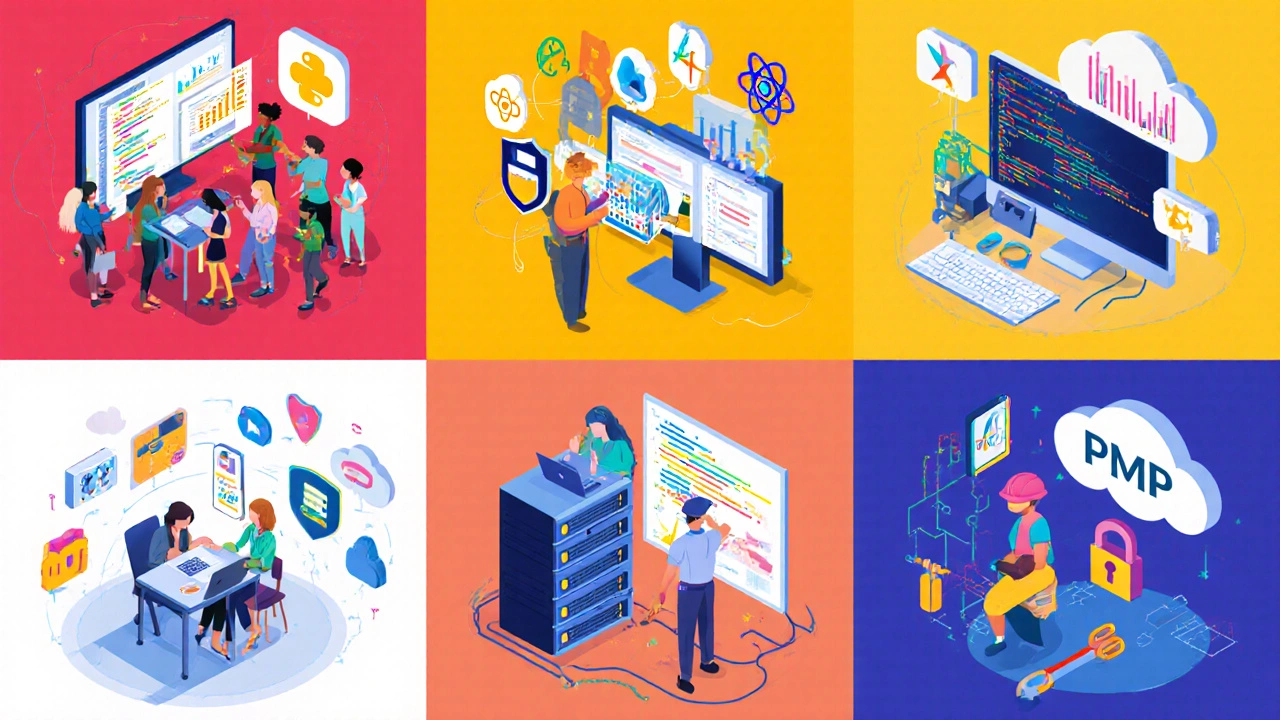 Collage of eight scenes showing coding, data analytics, marketing, PMP, cloud, cybersecurity, healthcare, and trade training.