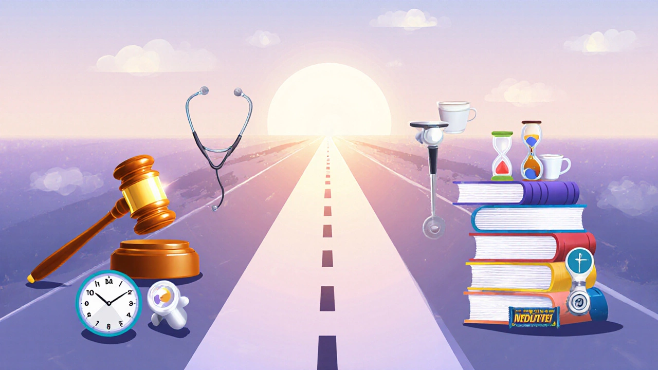 Diverging paths toward law and medicine with icons showing prep time and related tools.