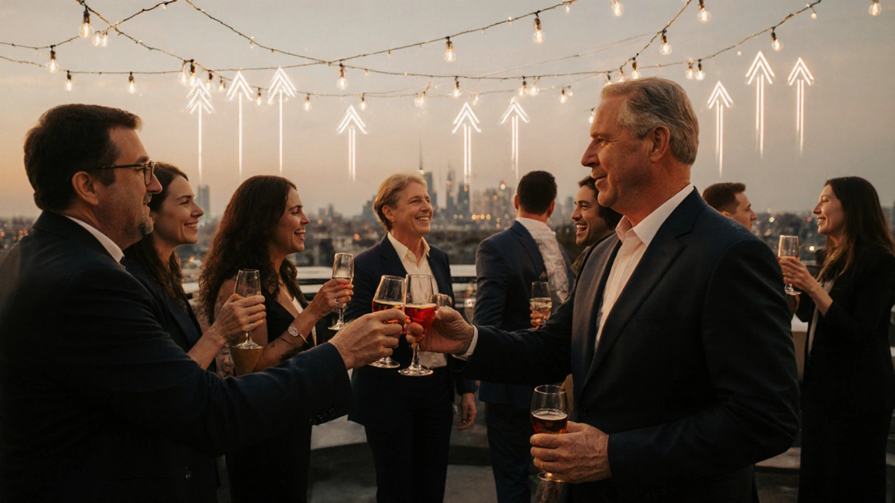 Diverse group of 40+ professionals networking at a rooftop event, celebrating career growth.