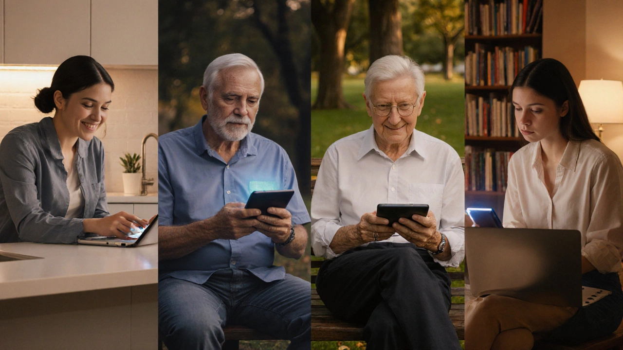 Diverse individuals using eLearning devices in everyday settings during golden hour lighting.