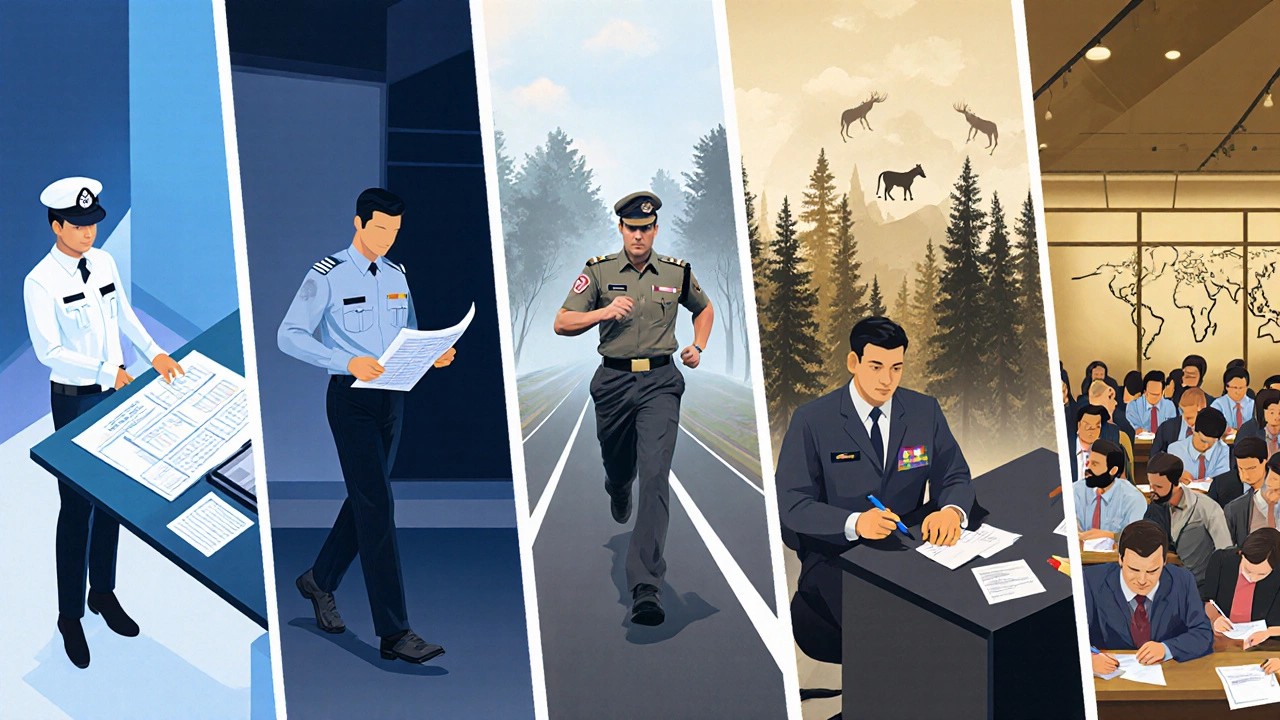 Five panels showing IAS office, IPS fitness drill, IFS forest trek, IRS desk, and SSC exam hall.