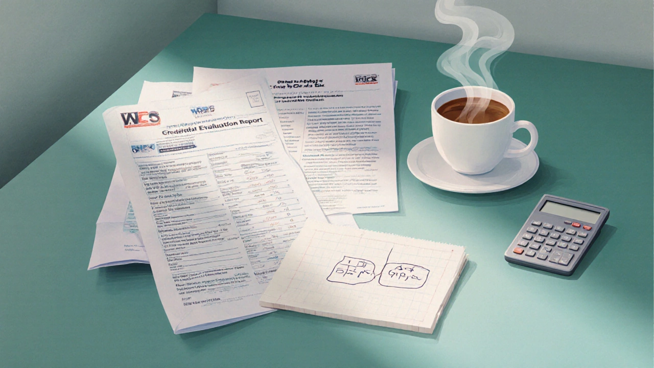 Flat‑lay of SAT booklet, CBSE transcript, credential evaluation report and chai on a desk.