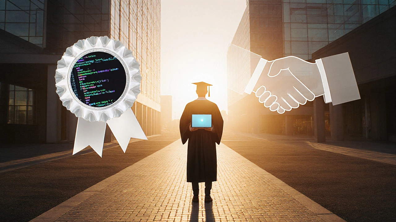 Graduate on a path toward a tech office, with symbols for scholarship and employer sponsorship.