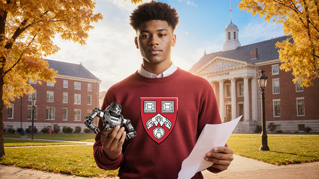 Harvard graduate in crimson sweater holding robotics prototype and research paper in Yard.