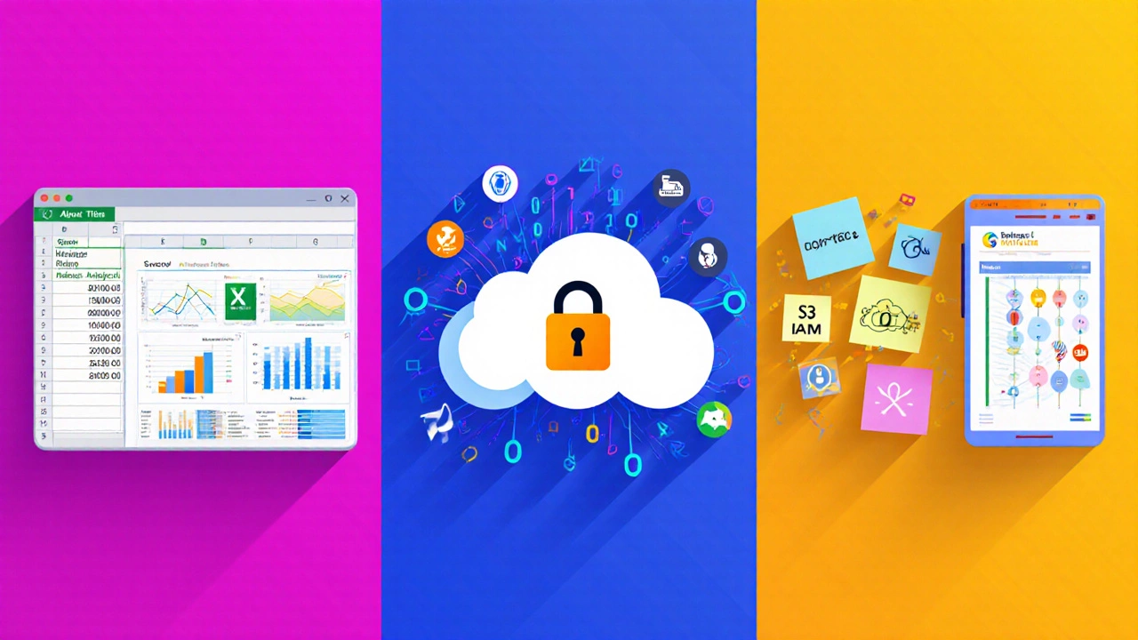 Illustrated collage of five courses: analytics charts, cybersecurity lock, cloud symbols, product roadmap, and ad mockup.