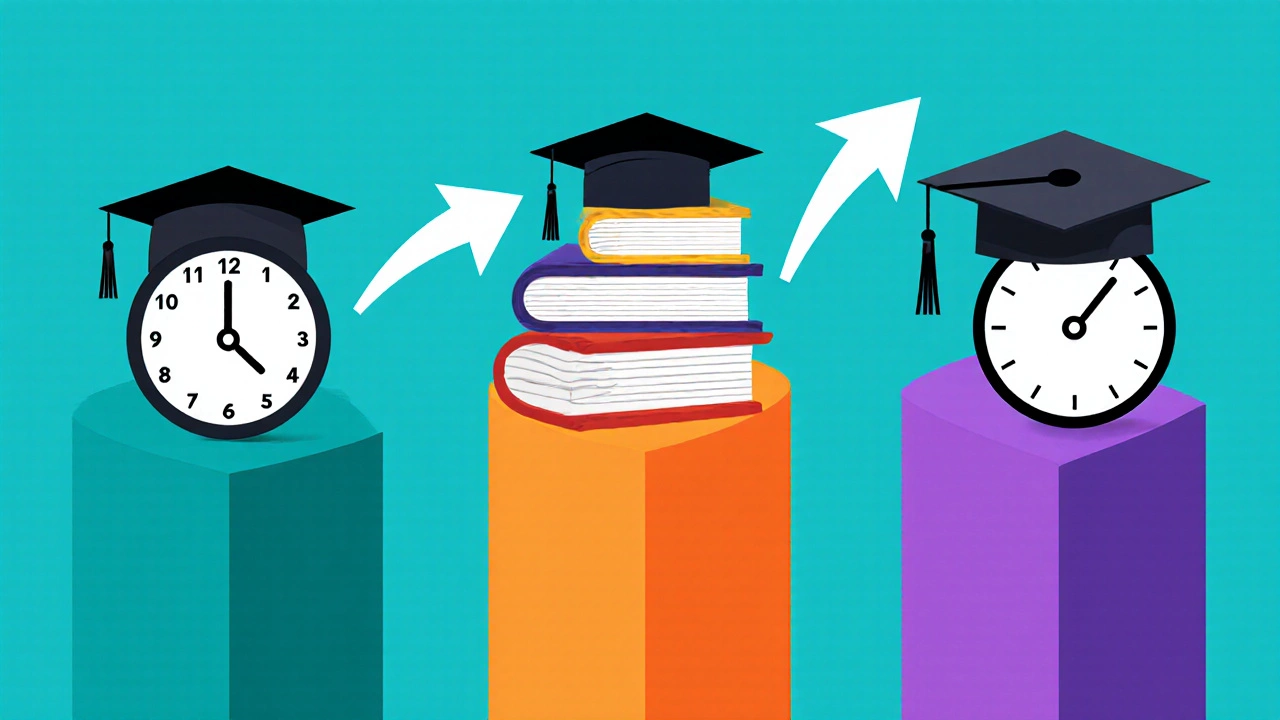 Illustration of three graduation caps for associate, bachelor’s, and master’s, each paired with a clock showing decreasing study time.