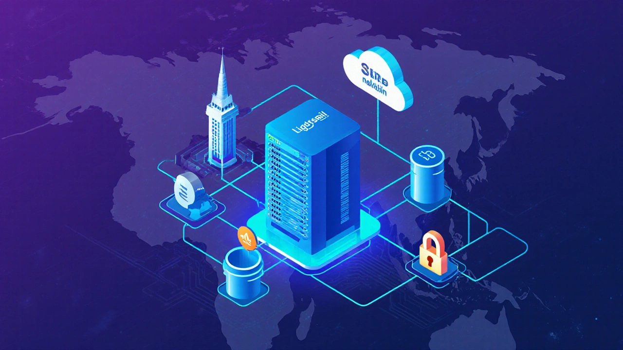 Isometric view of cloud tech stack with servers, CDN, database and payment icons