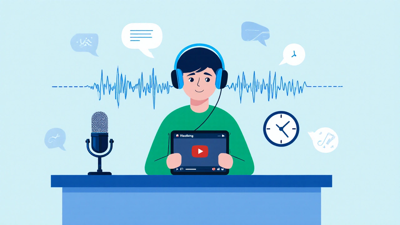 Learner shadowing a YouTube video, headphones on, microphone recording speech with waveform graphics.
