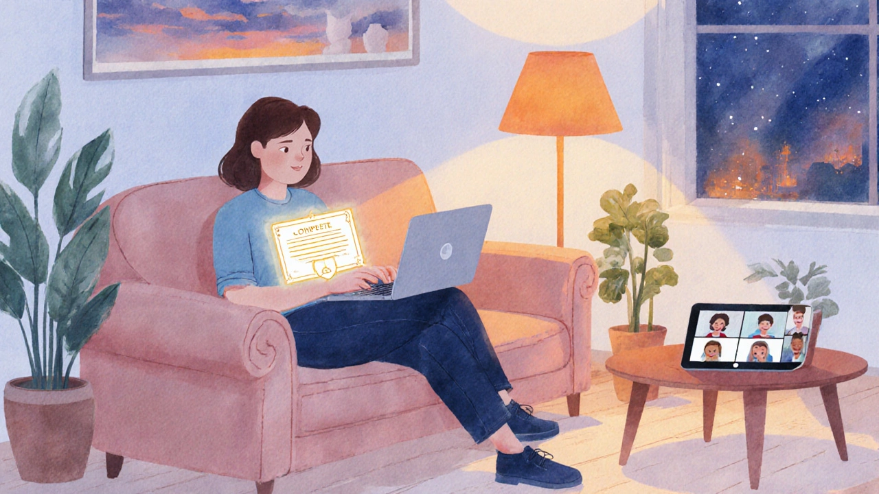 Relaxed learner on a couch with laptop displaying a finished certificate and video call friends.