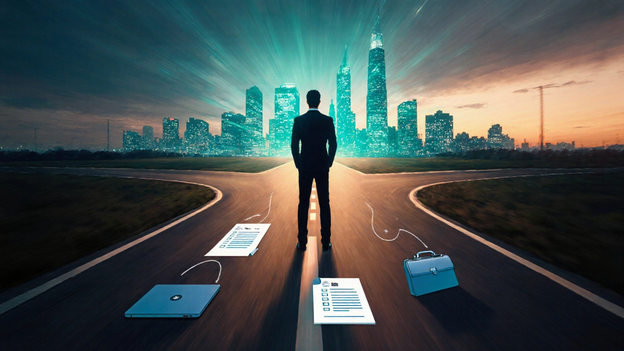 Silhouette of a student at a crossroads, choosing a fast‑track path toward a bright city skyline, symbolizing rapid career growth.