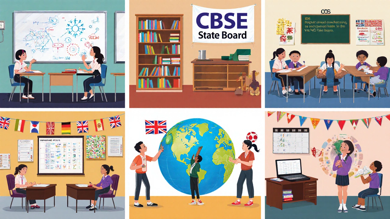 Six panels illustrating CBSE, ICSE, State Board, IB, IGCSE, and NIOS learning environments.