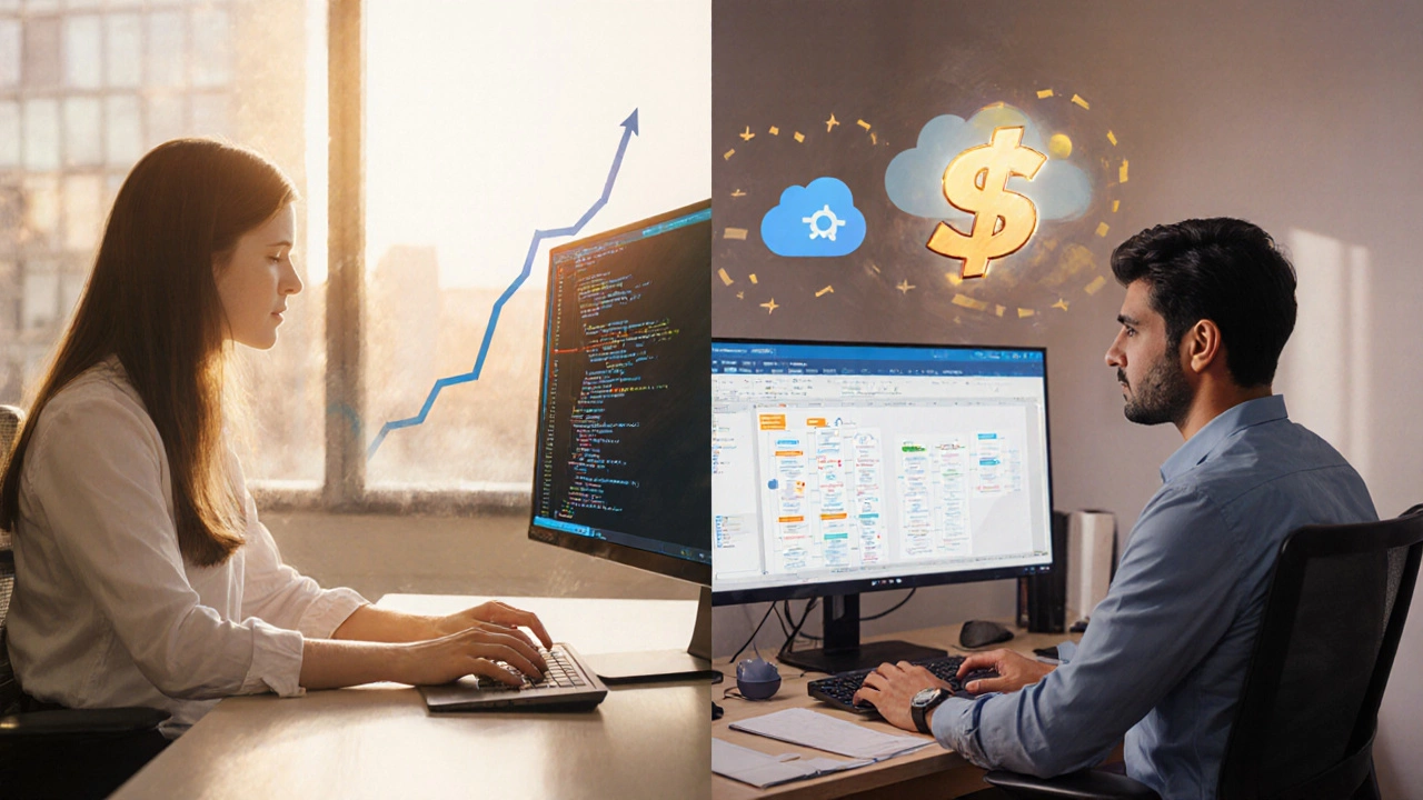 Split image of a junior developer and a remote cloud engineer celebrating new jobs.