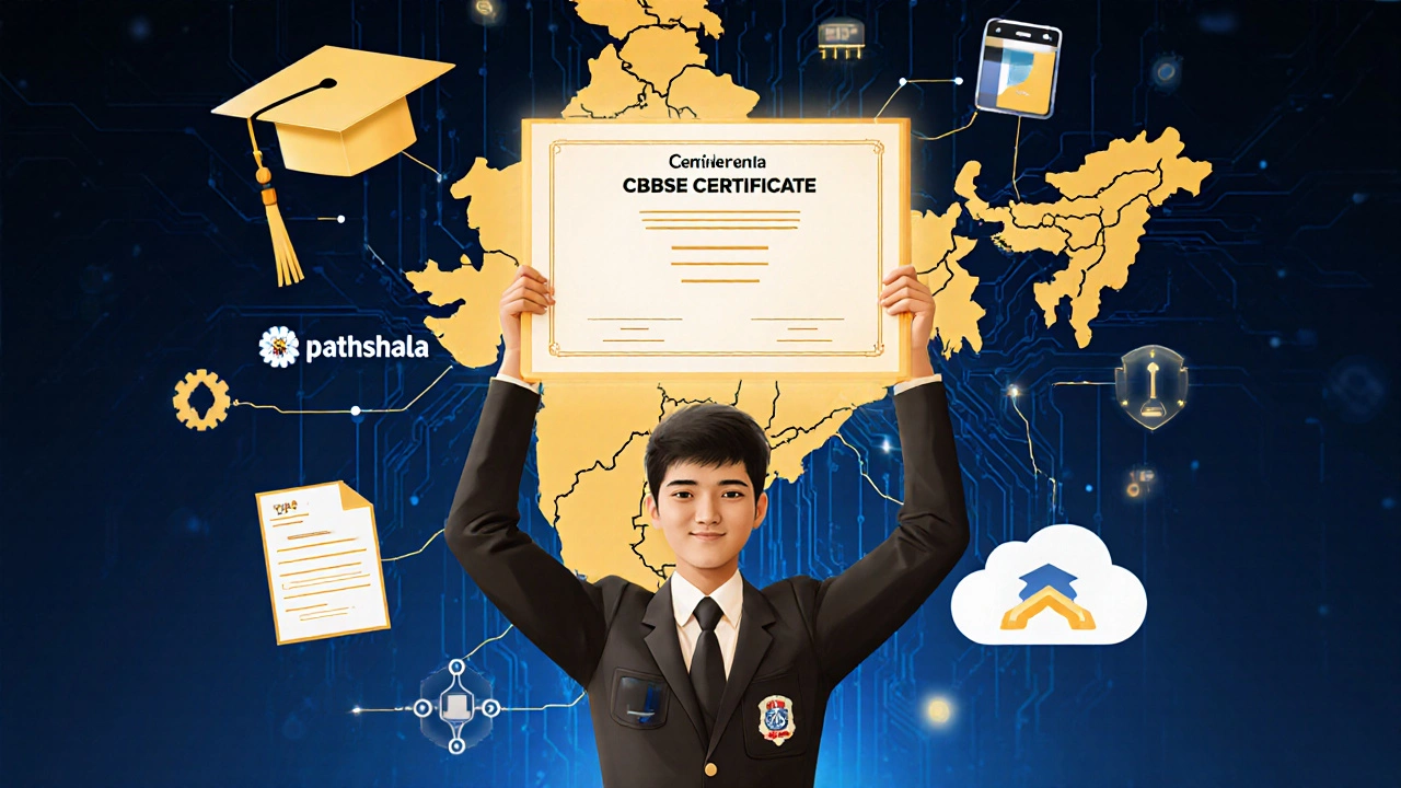 Student holding a glowing CBSE certificate surrounded by icons of university, exams, and global links.