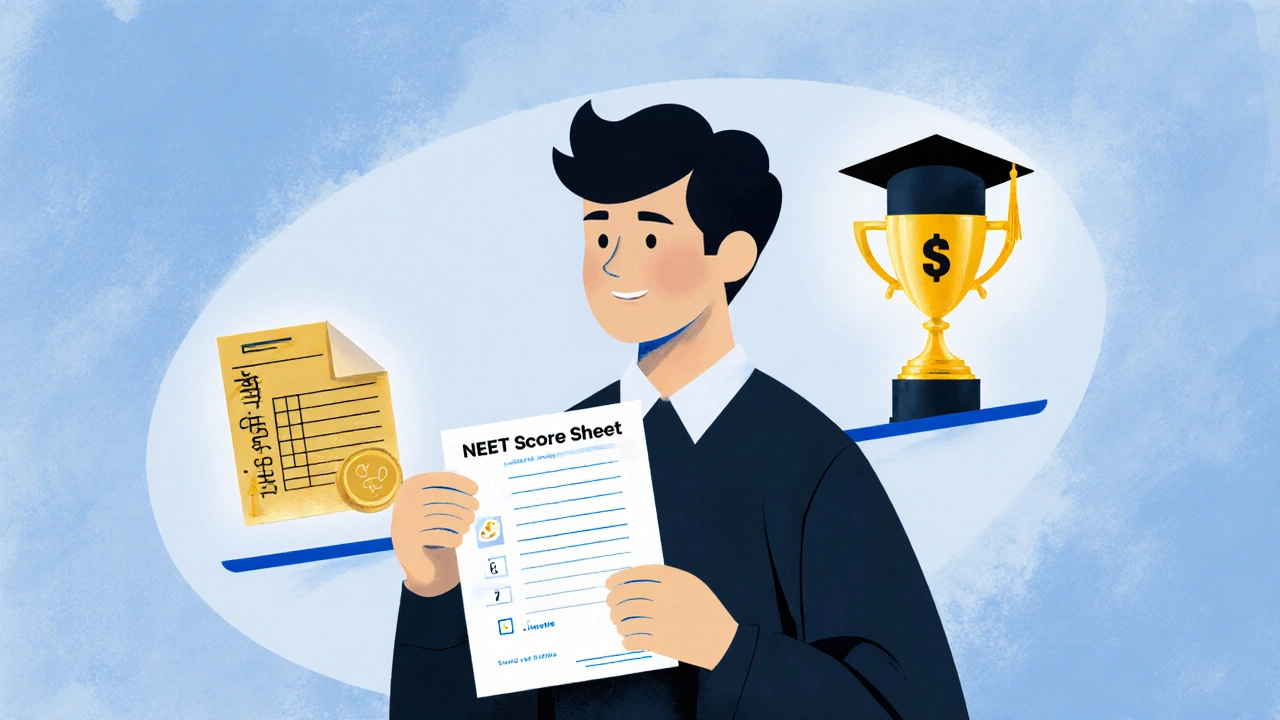 Student holding high NEET score balances fees and success symbols on a conceptual scale.