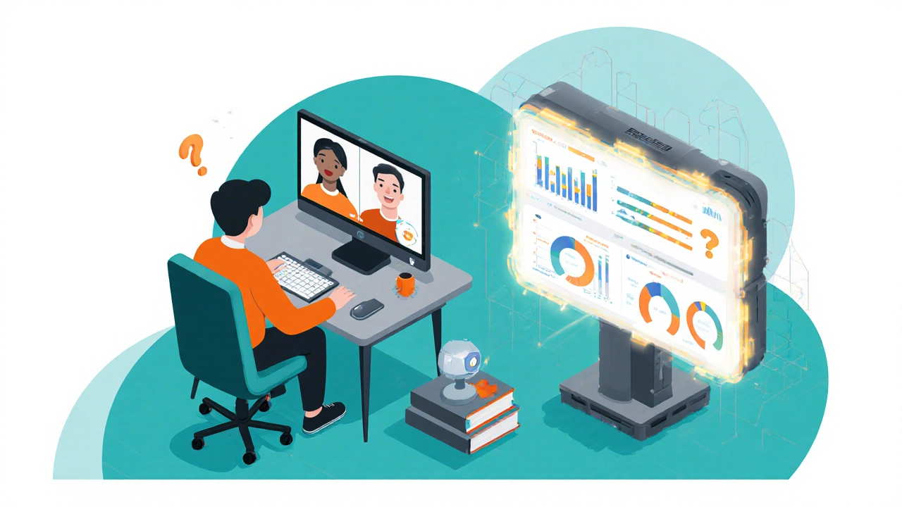 Student joins a live doubt‑clearing video call while an AI dashboard shows adaptive study data.