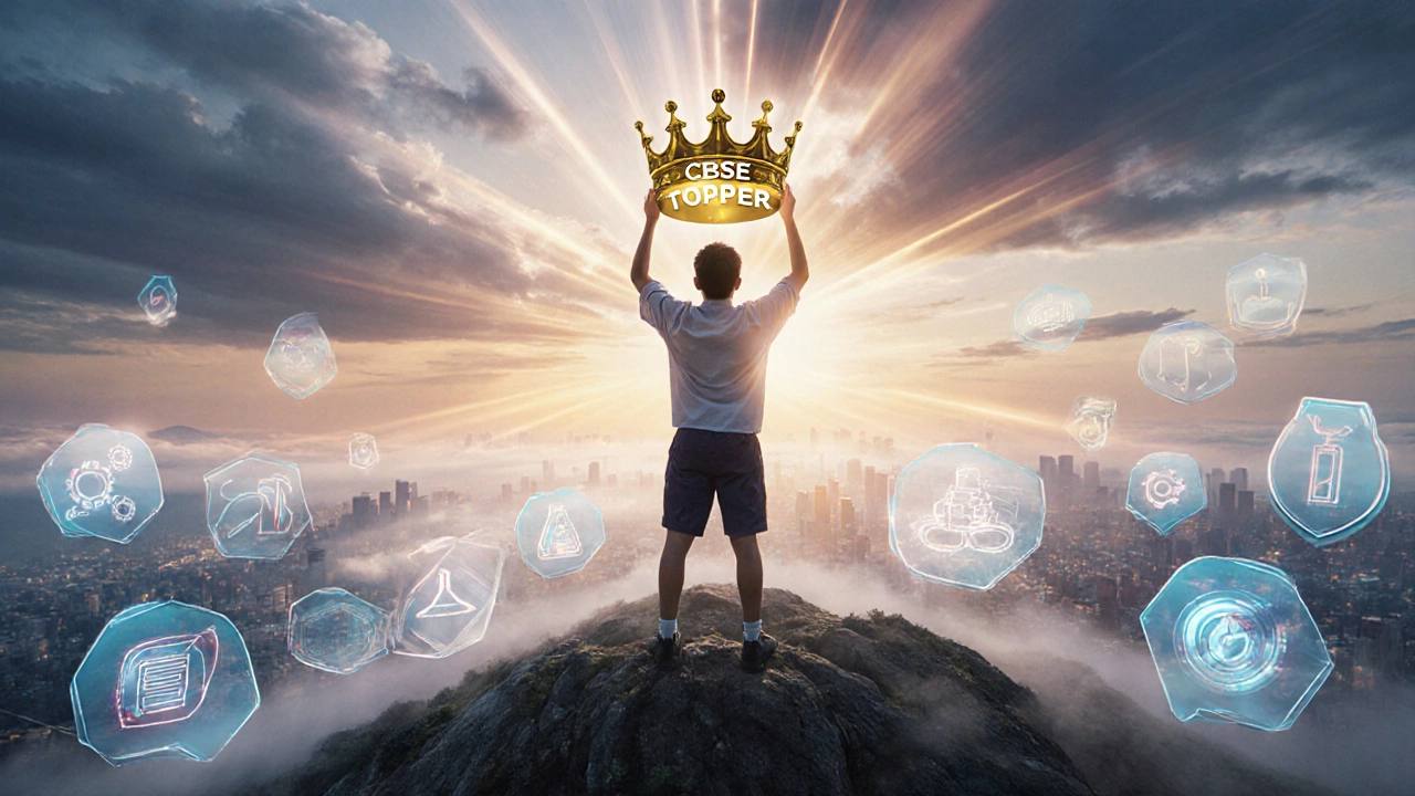 Student on a sunrise hill holding a golden crown with futuristic assessment symbols.
