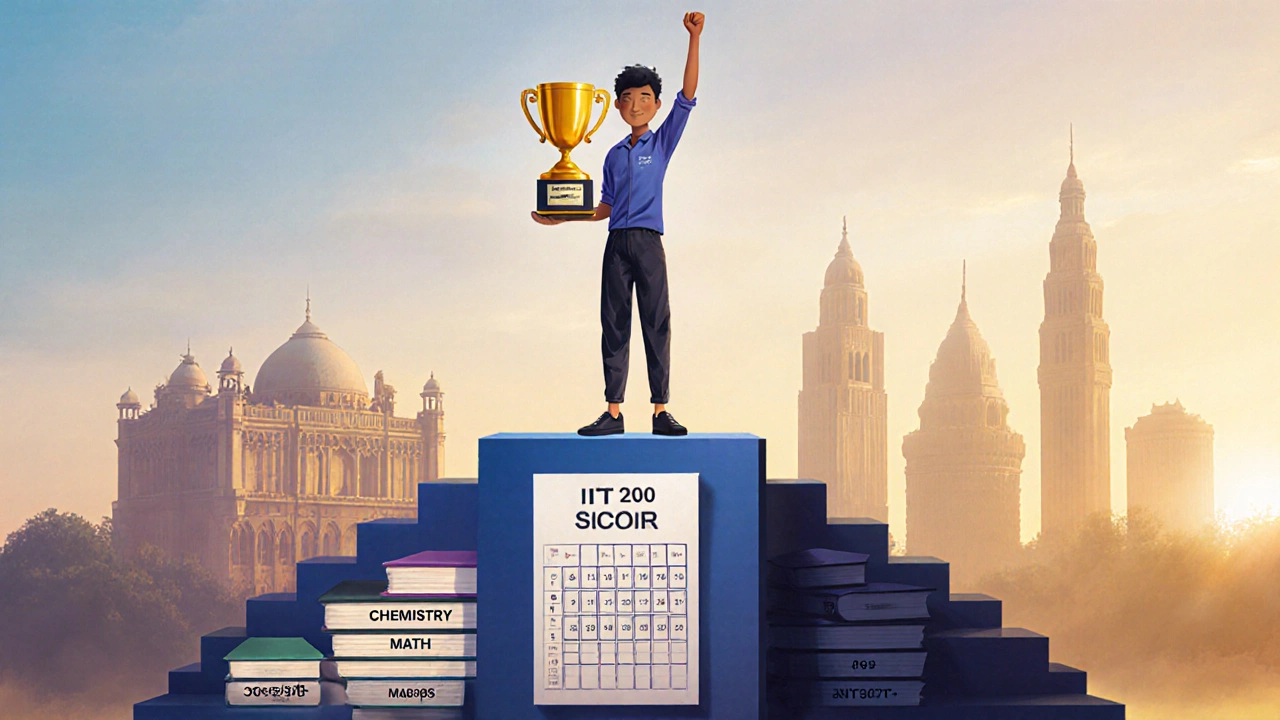 Student on podium holding JEE trophy with books labeled by subject scores behind.