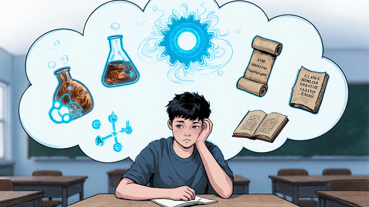 Student overwhelmed by floating symbols of math, physics, chemistry, history, and literature.