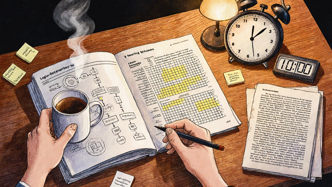 Student studying LSAT sections with logical diagrams, puzzle grid, and reading passage at a desk.