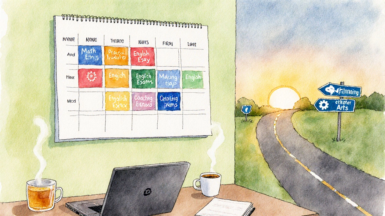Student using a color‑coded calendar to plan study schedule with signs for engineering and arts.