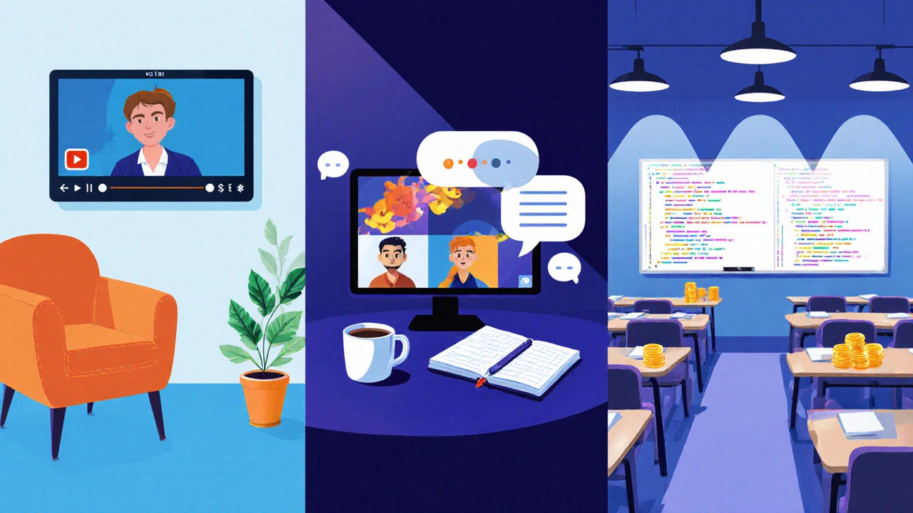 Three-panel illustration comparing self‑paced video, live online class, and intensive bootcamp environments.