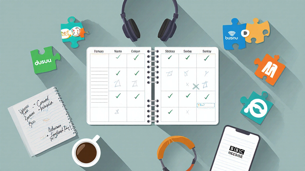 Top‑down view of planner, app icons, coffee mug and headphones for a study routine.