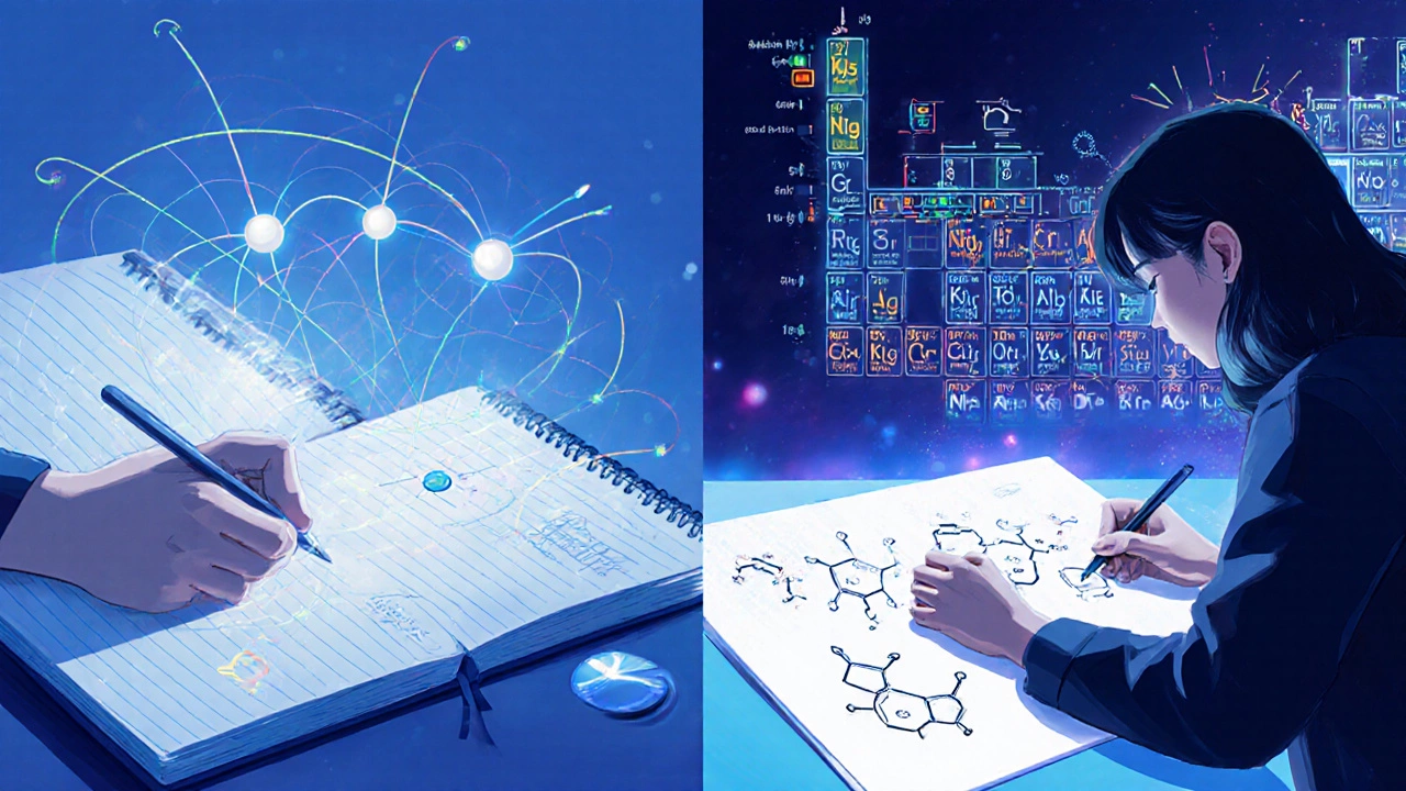 Two students studying physics and organic chemistry with reaction arrows and field lines.