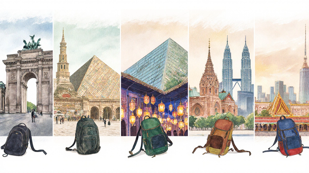 Watercolor collage of landmarks from Germany, Poland, Mexico, Czech Republic, Taiwan, India, and Malaysia with student backpacks.