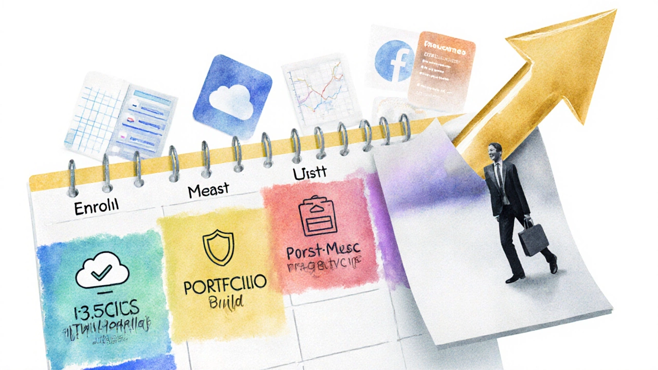 Watercolor‑digital calendar showing a 30‑day plan with icons for enrollment, study, portfolio, and job application.