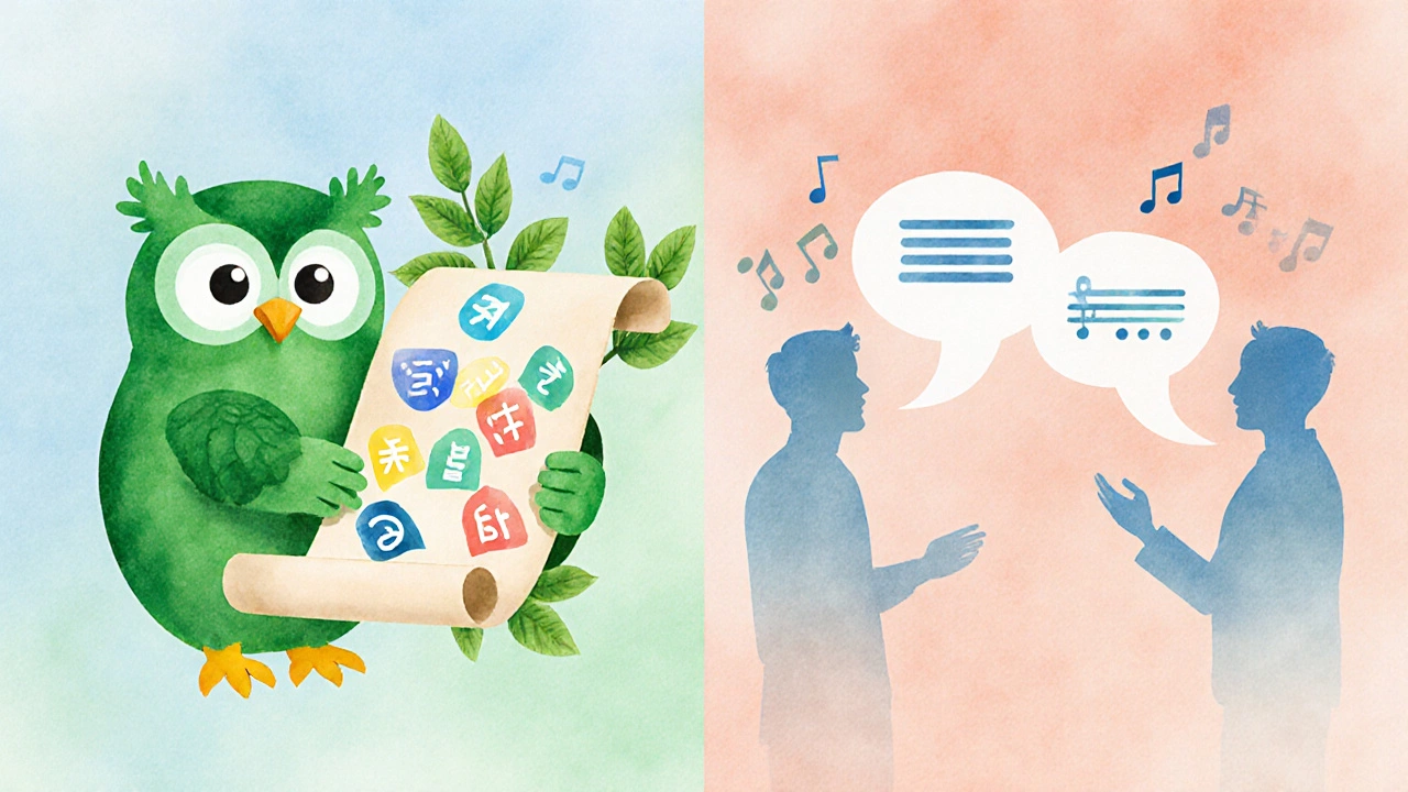 Watercolor split scene showing Duolingo owl giving grammar and HelloTalk chat bubbles.