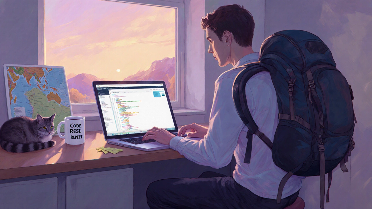 A freelance coder in a kitchen with a laptop showing an invoice, hiking map on the wall, and a cat nearby.