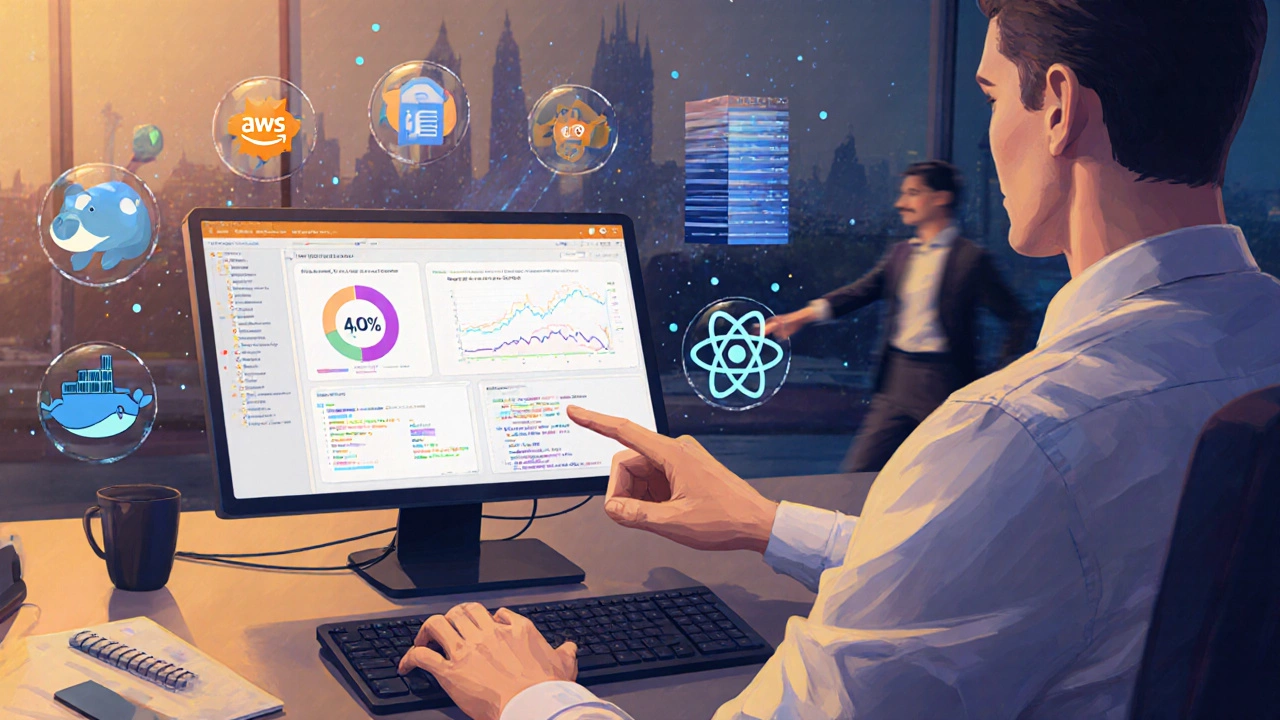 A mid-level developer in London surrounded by cloud and React icons, pointing to a dashboard showing reduced server costs.