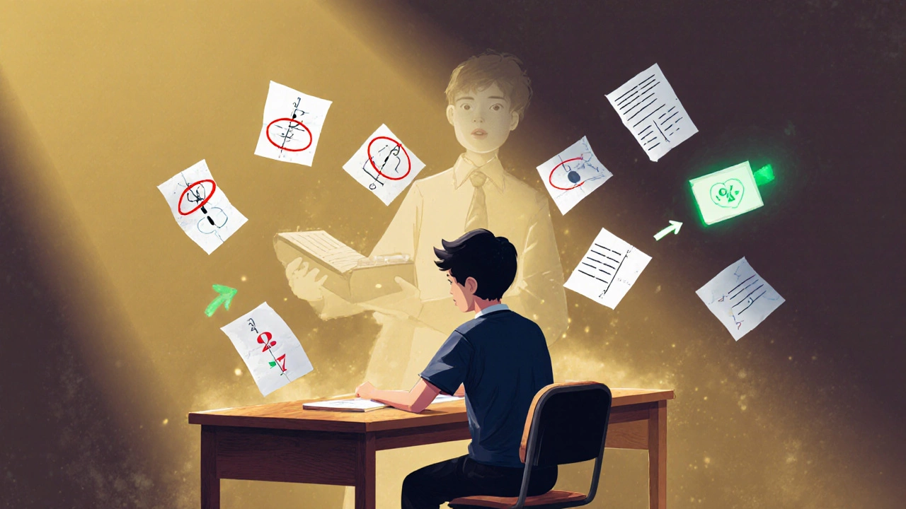 A student reviewing mistakes with glowing corrections and a mentor&#039;s translucent figure beside them.