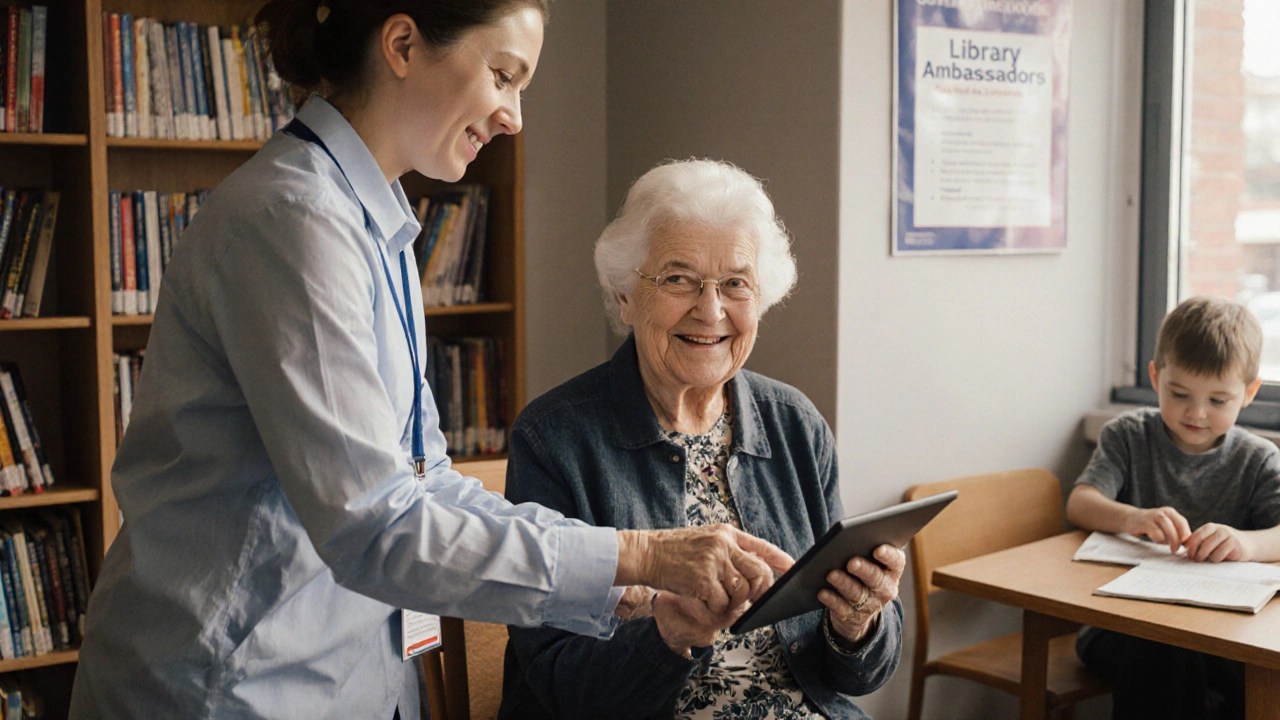 A volunteer helping an elderly person use a tablet in a library with books in the background.