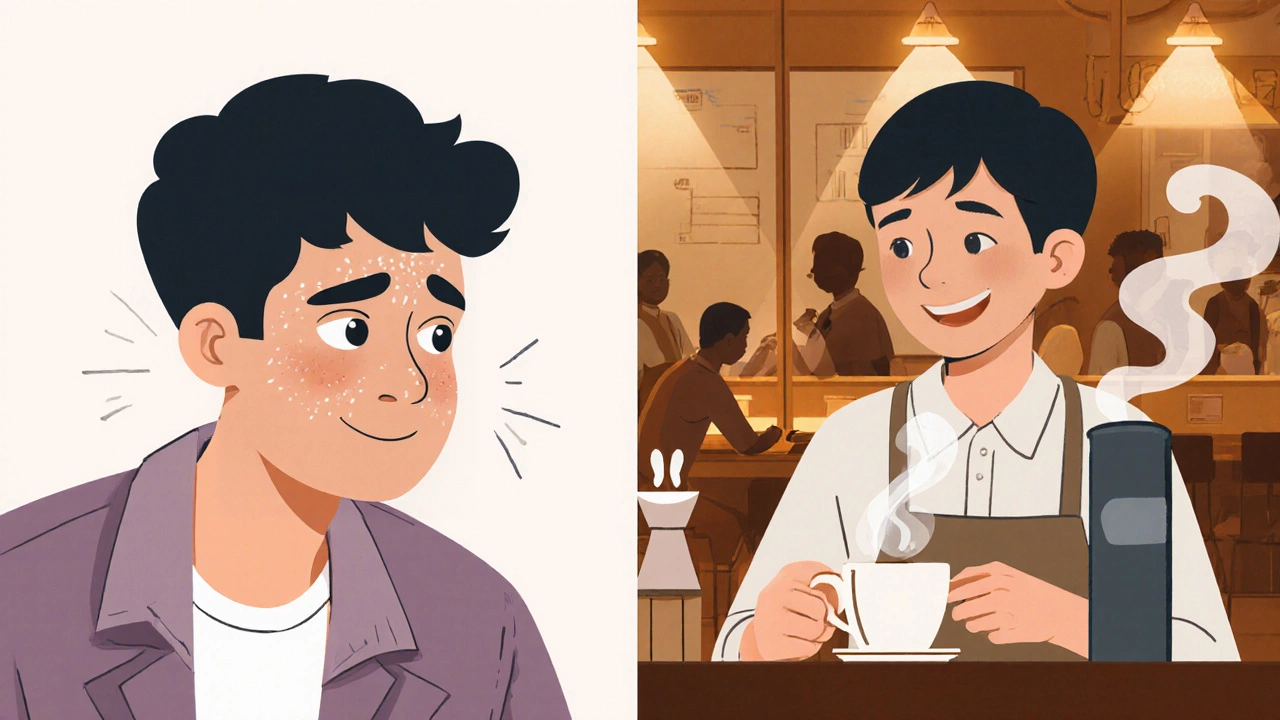 Before and after: nervous learner vs. confident speaker ordering coffee in a café.