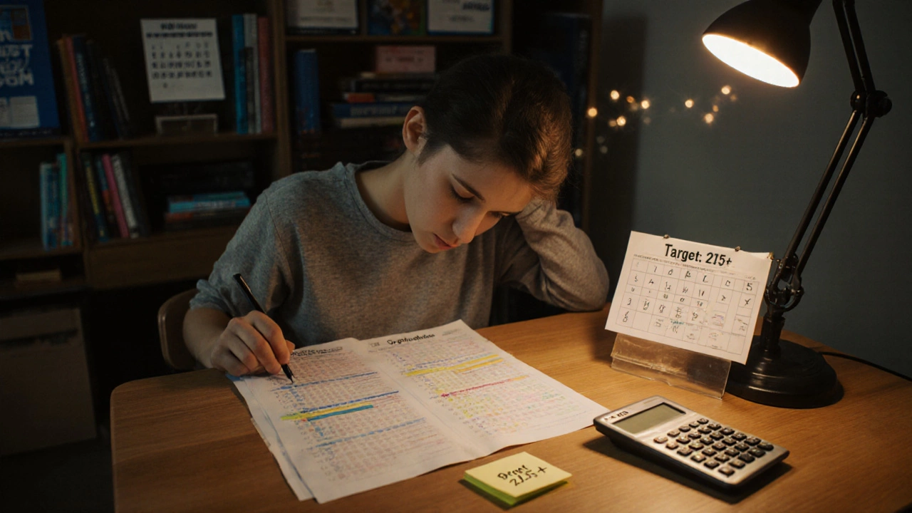 High school student studying PSAT practice test under lamplight with sticky note showing target score.