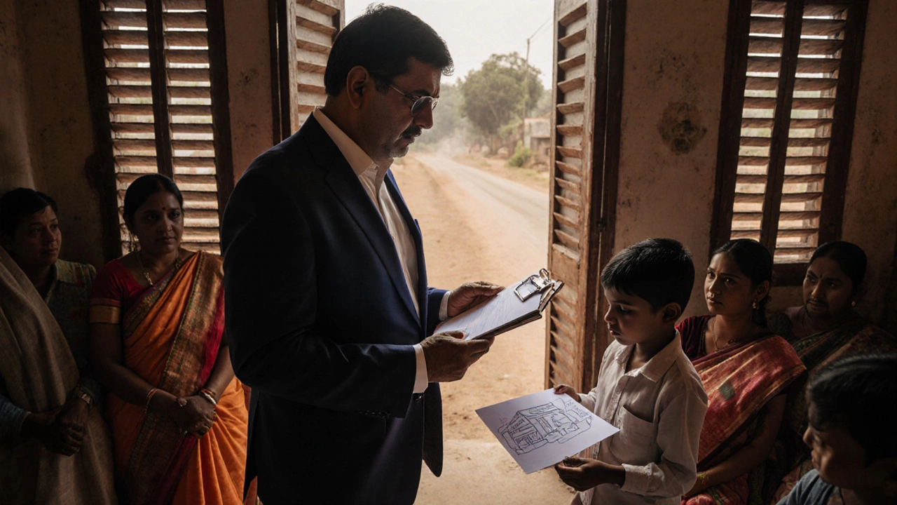 IAS officer in rural office receiving a drawing from a child, villagers nearby