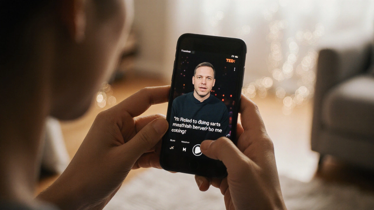 Person shadowing a YouTube speaker by repeating phrases out loud with a smartphone.