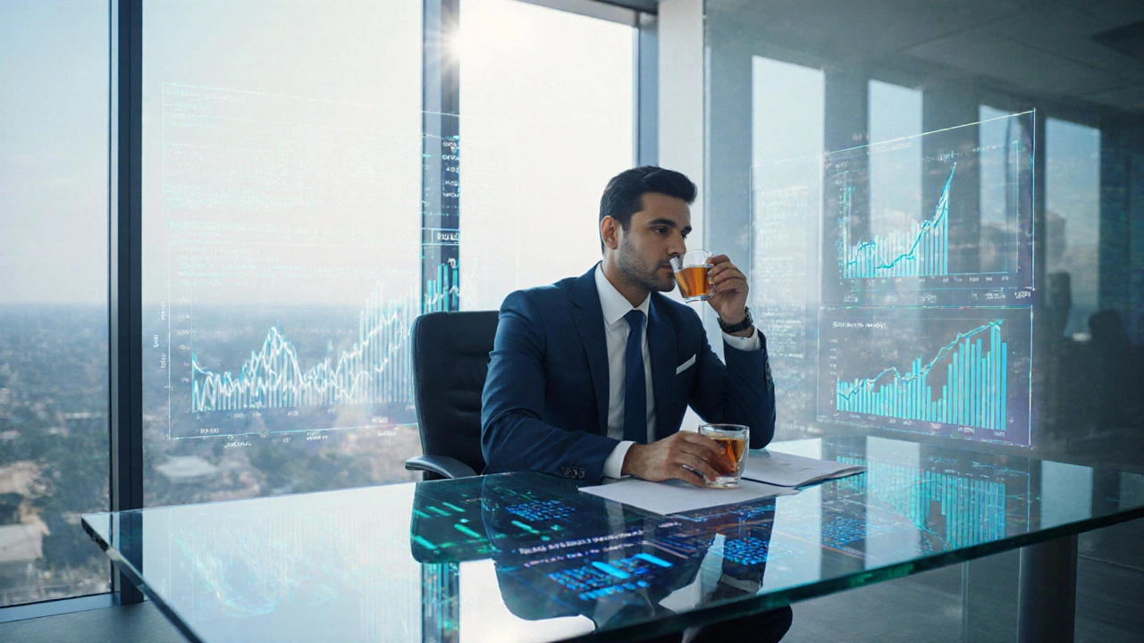RBI officer working at a modern desk with financial data displays and sunlight streaming in