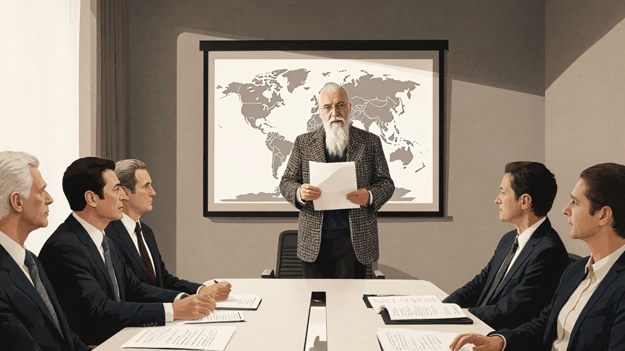 Scholar presenting research to CEOs and advisors in a modern boardroom with city skyline view.
