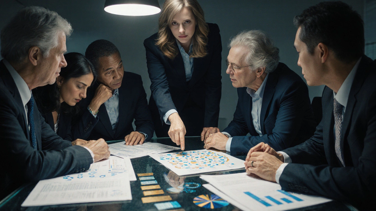 Senior professionals collaborating on research data around a glass table in a corporate setting.