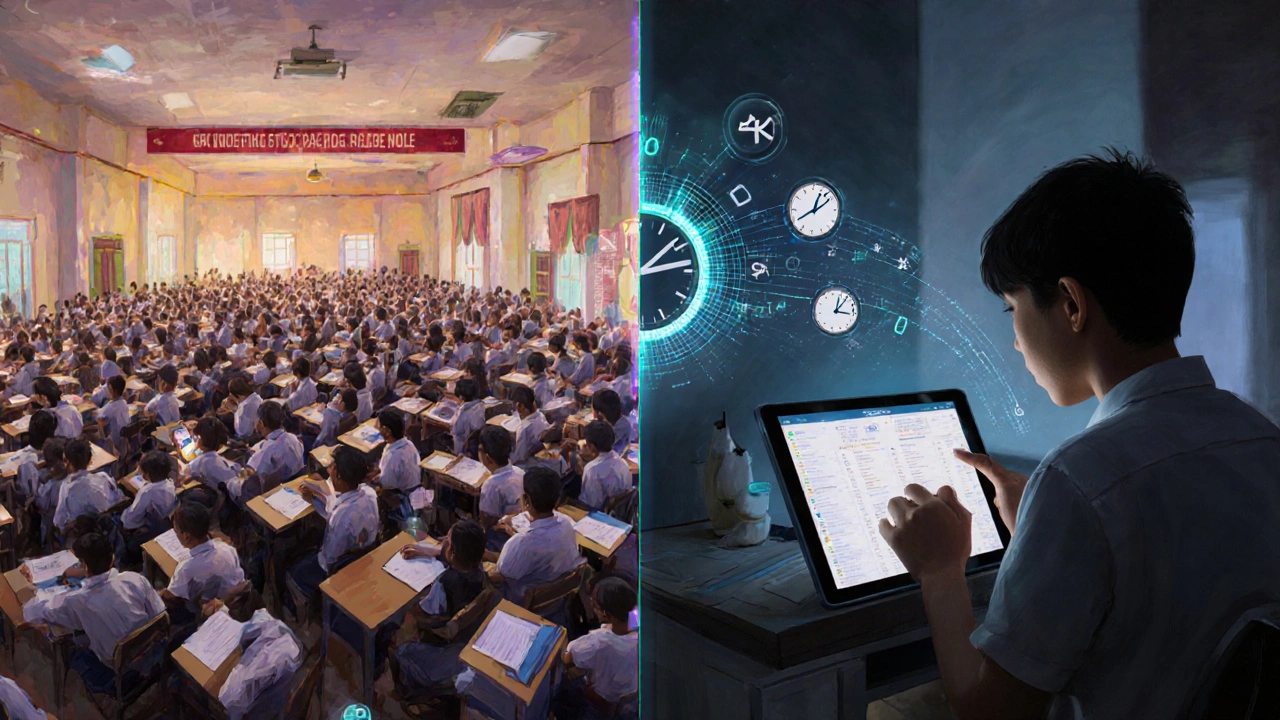 Split scene: crowded coaching hall versus quiet home study, connected by digital learning streams.