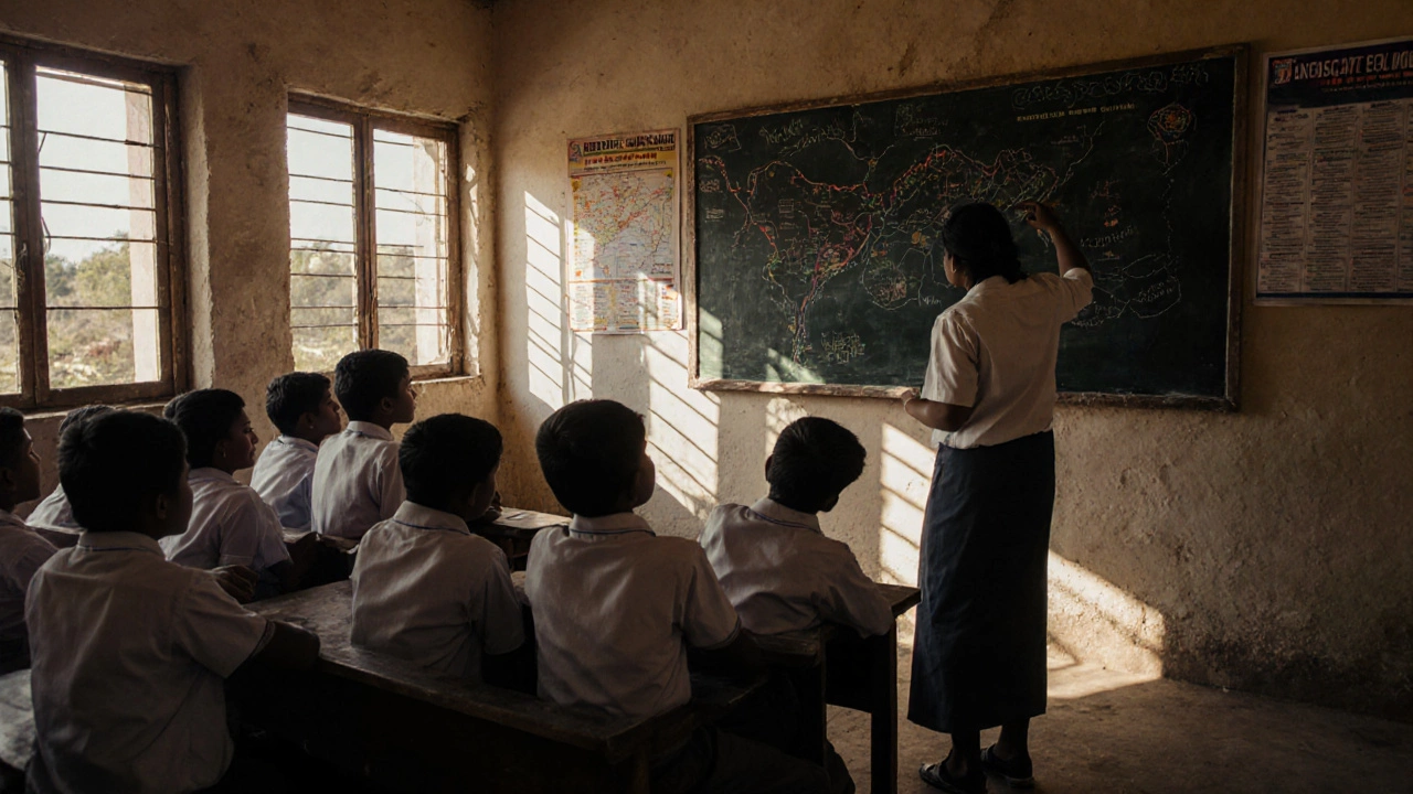 Students in a rural Indian school discussing local history using a chalkboard with regional maps.