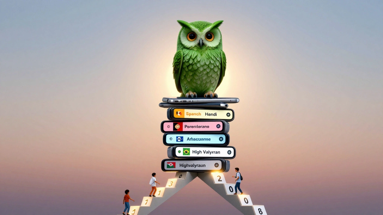 A giant green owl sits atop a tower of phones showing global languages, with tiny people climbing a staircase of daily lessons.